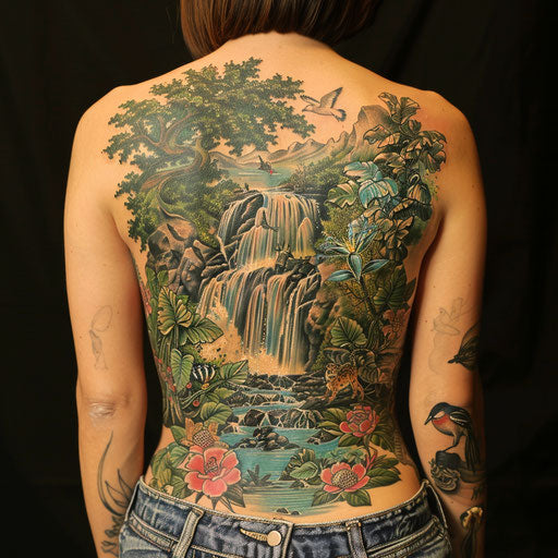 Back tattoo of waterfall and wildlife