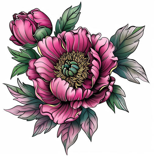 Peony tattoo on white background, colored cartoon style