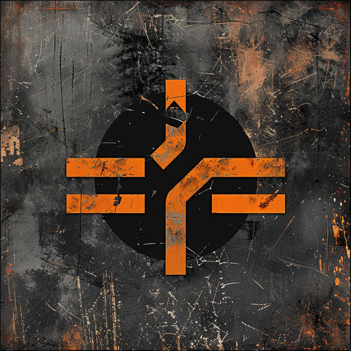 Industrial logo with rugged textures and bold fonts, in black and orange