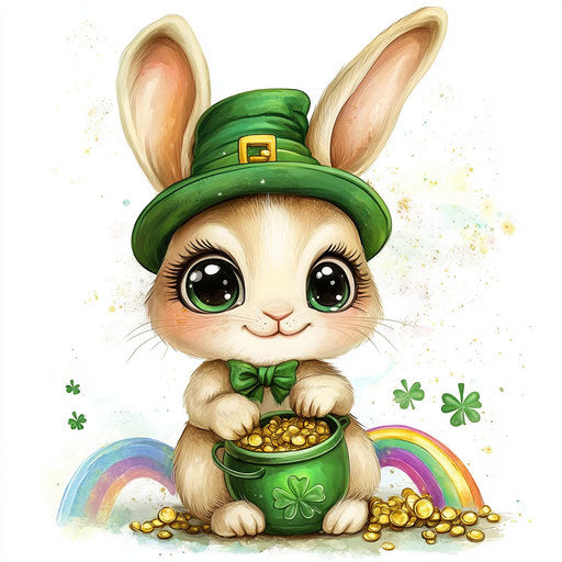 Cute Easter baby bunny in green hat, pot of gold, rainbow