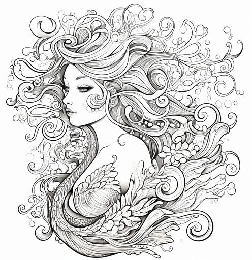 Mermaid doodle on white background, sculpted exotic style