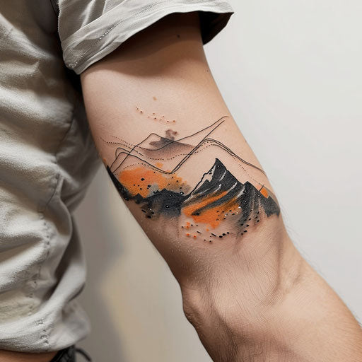 Elbow tattoo of an abstract mountain range, in the style of David Palumbo, on the elbow