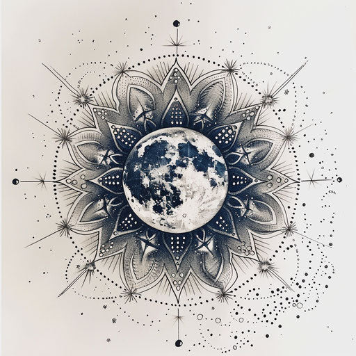 Mandala tattoo design with moon center and starry mandala patterns on white background