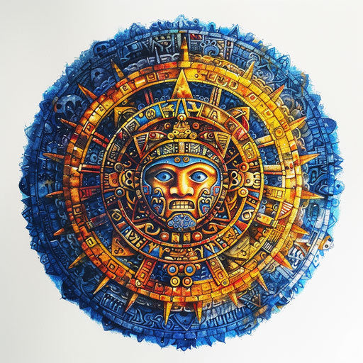 Vibrant Mayan calendar tattoo design on pure white background