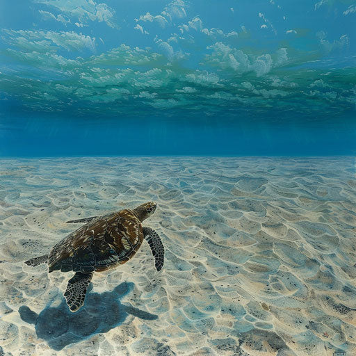 Green sea turtle heading towards deep blue ocean