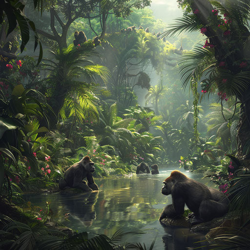 Gathering of gorillas at the jungle oasis