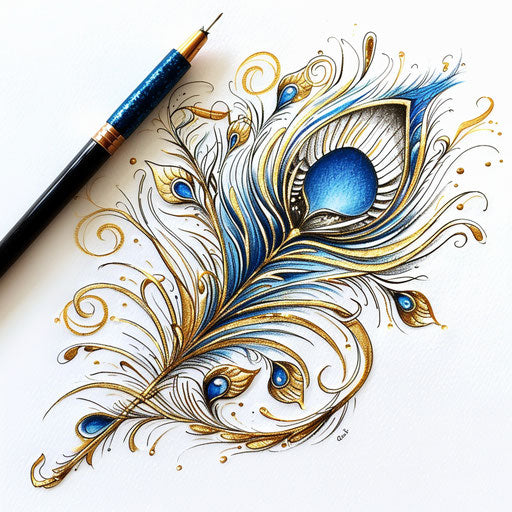 Elegant peacock feather tattoo sketch with gold foil elements
