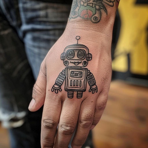 Tiny robot hand tattoos, in the style of Humberto Ramos