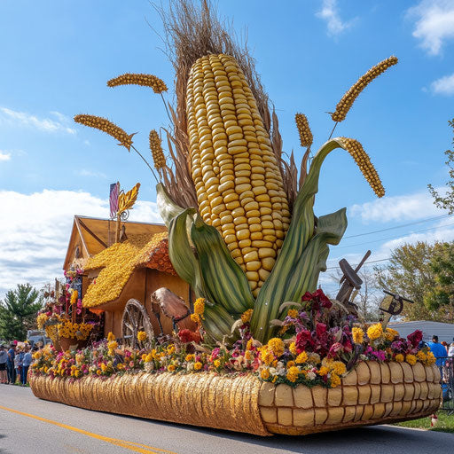 Allegorical float of a giant corn cob surrounded by wheat fields and farming tools