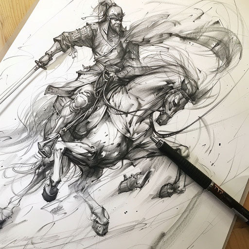 Chinese warrior on horseback, dynamic motion tattoo sketch