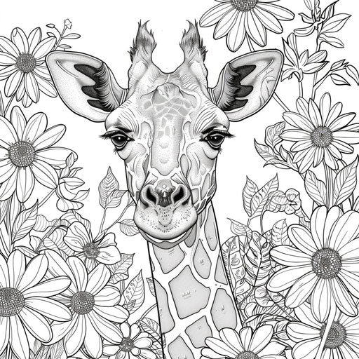 Whimsical giraffe in a floral meadow