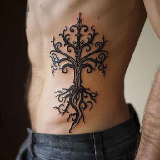 Rib tattoos of an Elvish tree, in the style of Peter Jackson, on the ribs