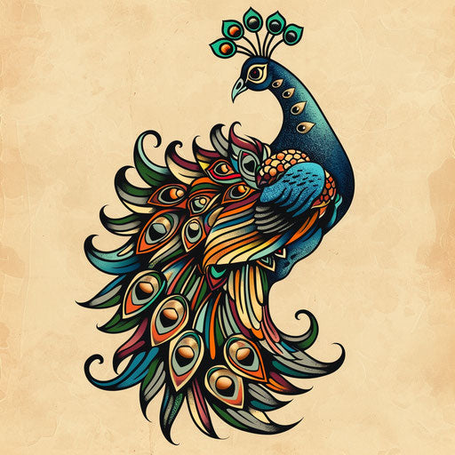 Dotwork tattoo sketch of an elegant peacock with vibrant tail feathers