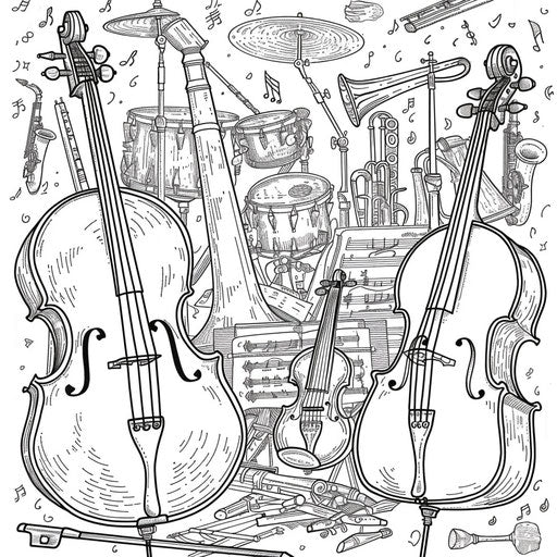 Symphony orchestra with various instruments. Coloring book page