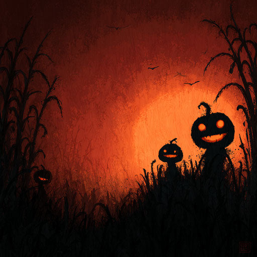 Jack-o'-lanterns on dark grass at Halloween