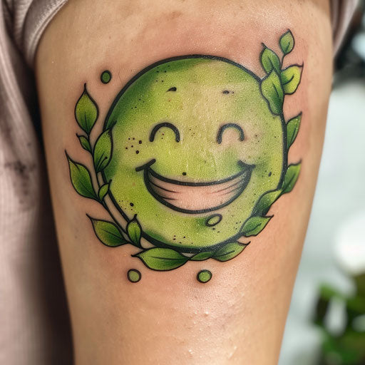 Nature-inspired eco-friendly smiley face tattoo, green theme on white background