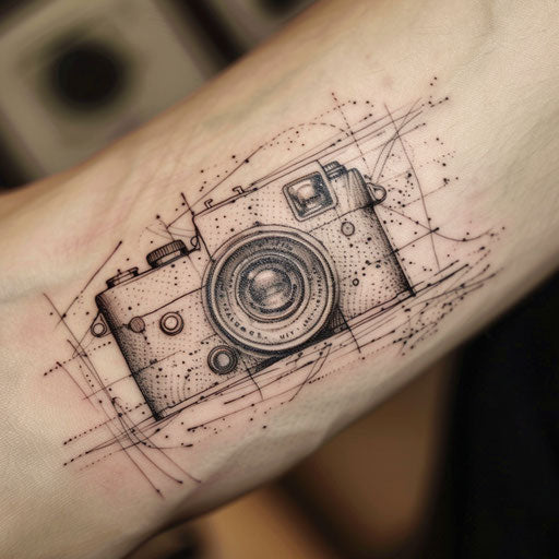 Stylish flat tattoo sketch of a micro realism vintage camera with detailed lens and buttons