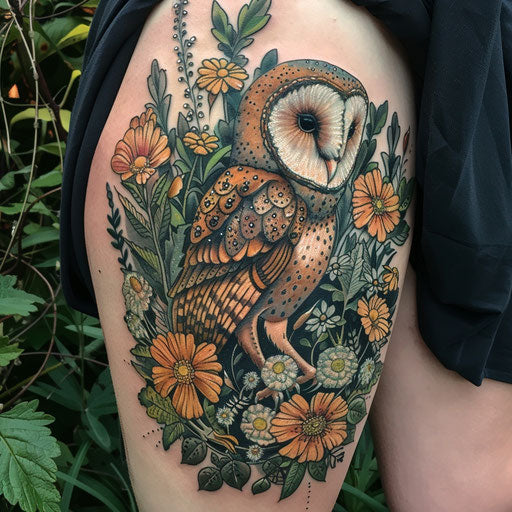 Wildflower tattoo with owl, nighttime colors, detailed owl, mysterious