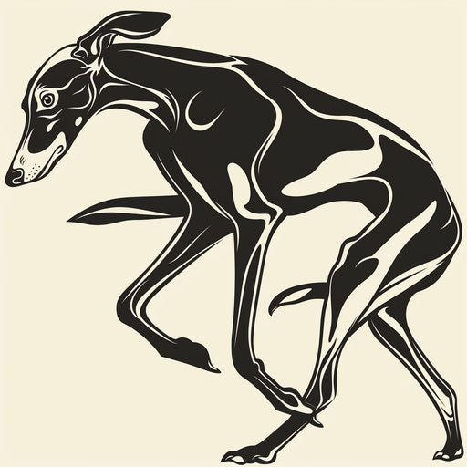 Flat tattoo sketch art deco inspired style, sleek greyhound in motion