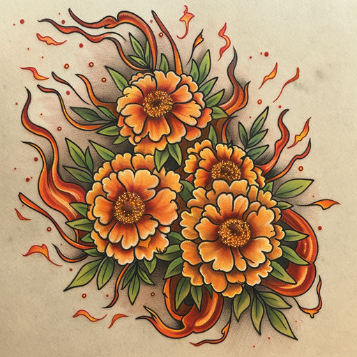 Fire motif tattoo sketch of marigolds, blending the flowers with flames and warm colors to symbolize the fiery spirit of October