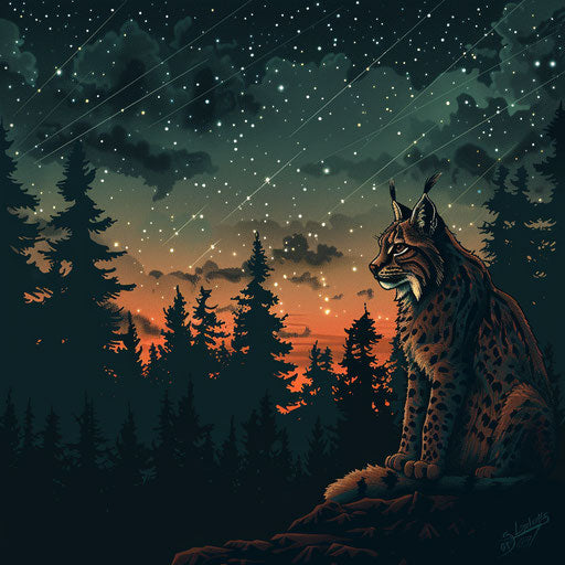 Lynx hunting under a wild starry sky