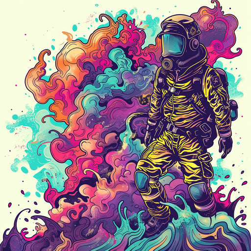 Firefighter in dreamlike setting with vivid colors