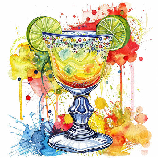 Hyper-realistic margarita clipart on flat white background, vibrant colors and intricate patterns