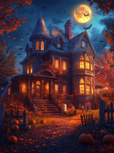 Haunted house with ghosts, graveyard, pumpkins, and flying witch