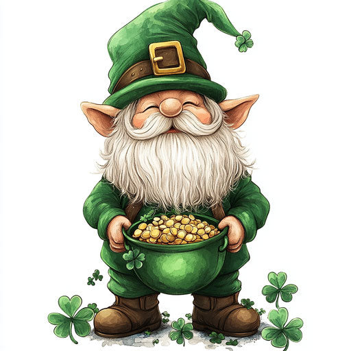 St. Patrick's Day, Cute Gnome with pot of gold and shamrocks, green hat, clipart, white background