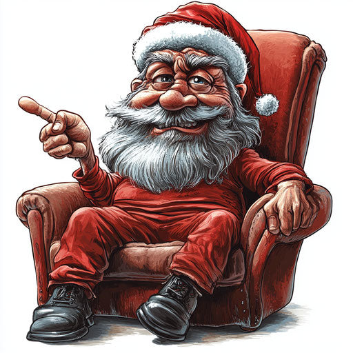 Humorous caricature of a christmas hat clipart with human characteristics, exaggerated bushy eyebrows, long arms, sitting on a couch, vibrant colors, cartoon style, pointing, high-resolution, no background, isolated –c 40