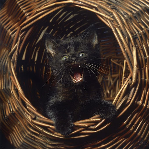 Black kitten in a wicker basket, animated exuberance