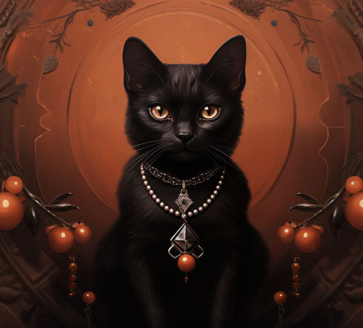 A black cat wearing a necklace and a bow, dark orange and dark brown style