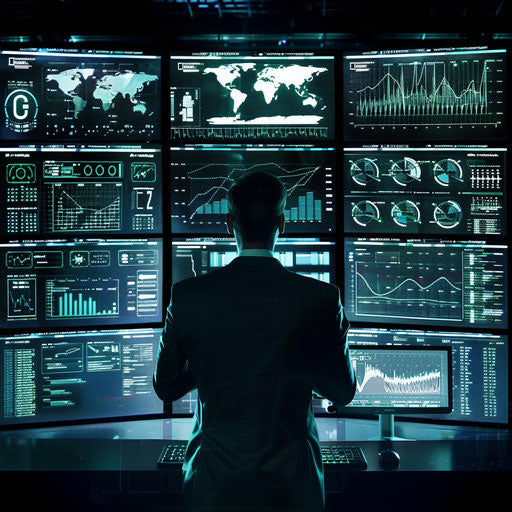 Businessman analyzing complex data on screens