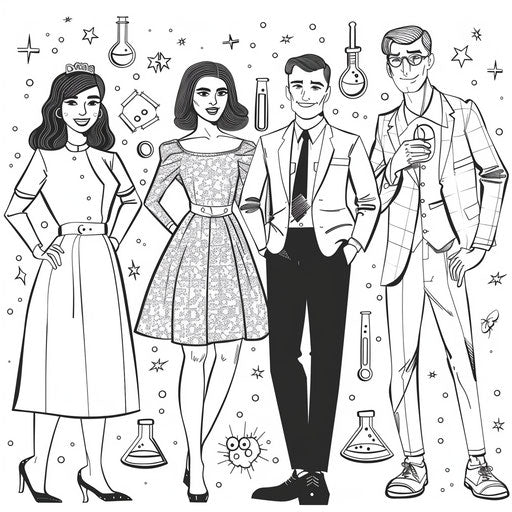 High-fashion science gala with lab-inspired outfits, Megan Hess style, coloring book page