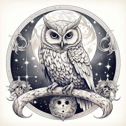 Owl on crescent, stylized silver organic designs