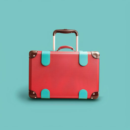 Realistic suitcase clipart on flat turquoise background with bold outlines