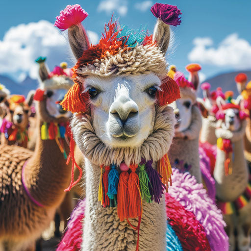 Festive scene of alpacas adorned with traditional Peruvian tassels