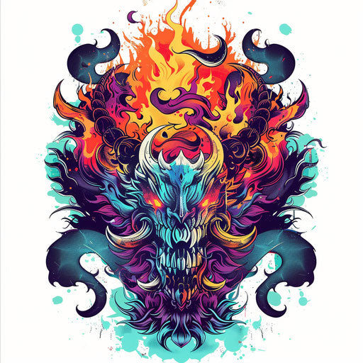 Vibrant and colorful flat tattoo sketch of a fiery hell with dancing flames and demons