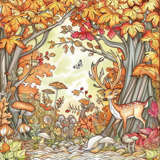 Enchanted forest with mythical creatures and autumn colors