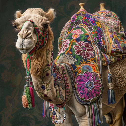 Elegant camel with painted designs, celebration of culture and art