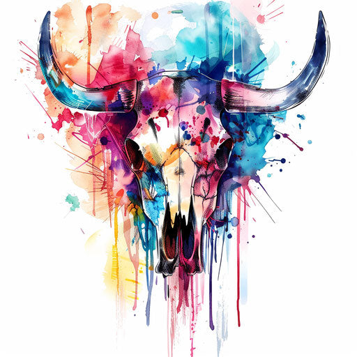 Abstract bull skull with colorful watercolor splashes