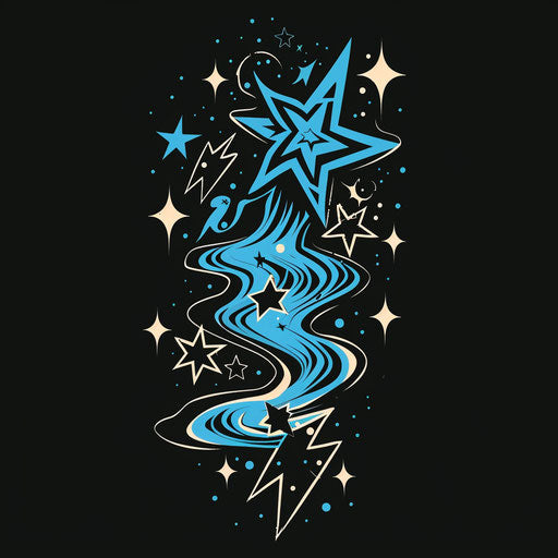 Vibrant flat tattoo sketch, dark mark with electric blue and black lightning bolts and stars