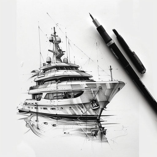 Luxury yacht tattoo sketch with elegant stippling