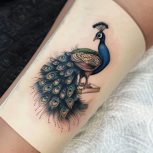 Illustrative peacock tattoo with storybook charm
