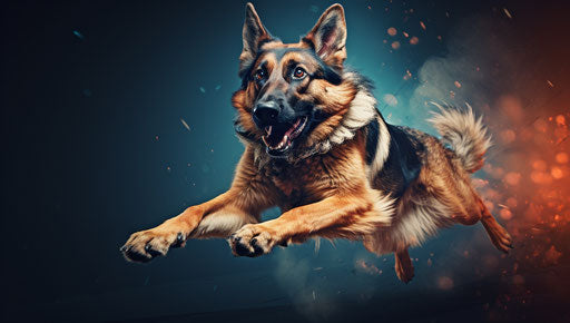German shepherd dog jumping, petcore style, light navy and light amber