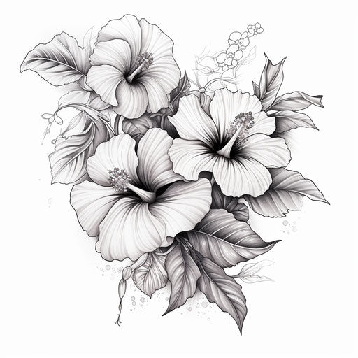 Hibiscus tattoo, black and white, sterling silver style