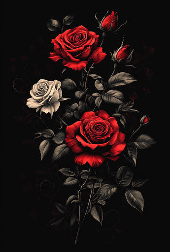 Red roses in vector art, dark fantasy style, black background