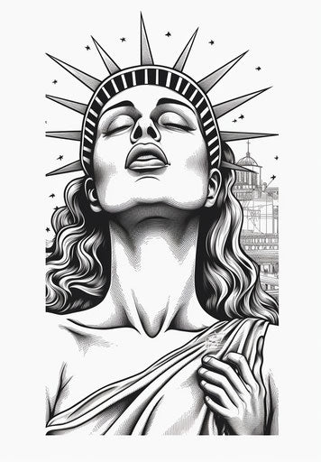 Girl making face at statue of liberty