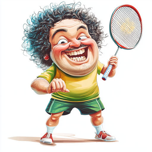 Humorous caricature of a badminton clipart with human characteristics, exaggerated dimpled chin, long arms, playing with a toy, vibrant colors, cartoon style, winking, high resolution, isolated