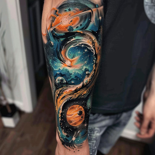 Abstract tattoo inspired by cosmic themes and nebulae